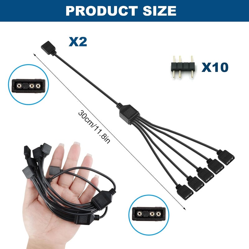 TNJPSEK 3Pin ARGB Spliter Cables with Male Pins, Female to Female Addressable RGB Spliter Extension Cable, 3-Pin RGB Splitter for 5V Computer Chassis PC Fans CPU Coolers Heat Sink (1-to-5 Black) - Image 5